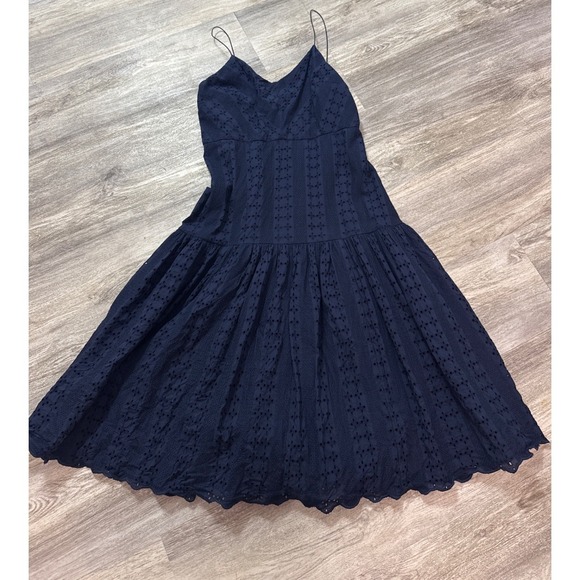 J. Crew Tiered Spaghetti-strap Midi Dress Size 16 Navy Blue Eyelet - Picture 4 of 10
